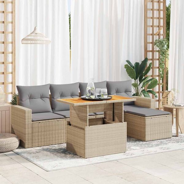 vidaXL 6-tlg. Garten-Sofagarnitur mit Kissen Beige Poly Rattan 3327027