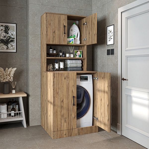 Roomart Waschmaschinenumbauschrank ATRIA Waschmaschinenschrank 70 cm, 180 cm hoch, Hauswirtschaftsraum (Waschmaschinenschrank Trocknerschrank Waschturm) Geräteöffnung 88x65 cm, Mittelfach, 2-modul Aufbau