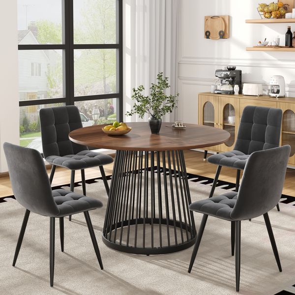 Merax Essgruppen, Esstisch-Set (5-teilig), modernes Esstisch-Set (mit 4 Stühlen), Küchen-Esstisch-Set, runder Küchentisch mit 80 cm Durchmesser und schwarzen Metallbeinen, Walnussfarbener MDF-Platte, grau Samt-Esszimmerstüh