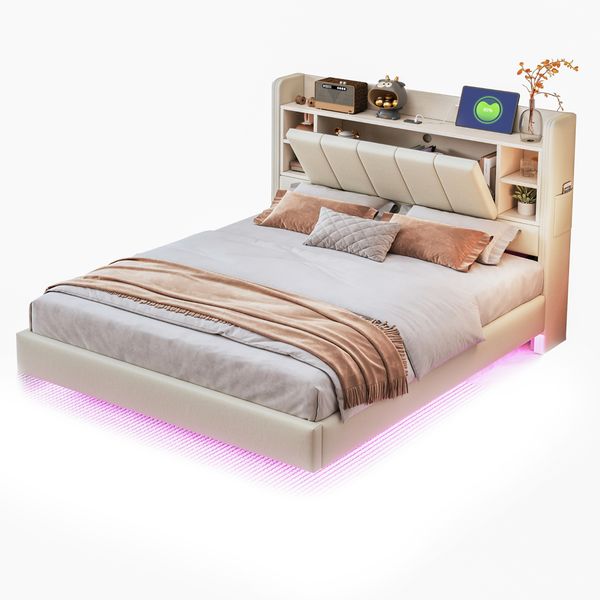 Merax Polsterbett 140 x 200 cm, Mit USB-Steckdose und Lichtleiste, Wendbares Kopfteil mit Ablagefächern und Einlegeböden mit kleinen Ablagefächern, Stabiler Metallrahmen, Leinenstoff, Doppelbett Beige Bild 10