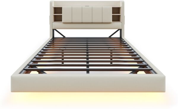 Merax Polsterbett 140 x 200 cm, Mit USB-Steckdose und Lichtleiste, Wendbares Kopfteil mit Ablagefächern und Einlegeböden mit kleinen Ablagefächern, Stabiler Metallrahmen, Leinenstoff, Doppelbett Beige Bild 9