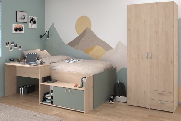 Jugendzimmer Hochbett Jade von Parisot in Seladon Grün und Jackson Eiche mit integriertem Schreibtisch, Kommode und Stauraum- in verschiedenen Zusammenstellungen wählbar - 2 teilig , halbhohes Hochbett und Kleiderschrank