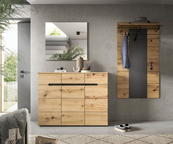 Home affaire Garderoben-Set REHAT, TOPSELLER!, 3-teilig, Breite 215 cm, individuell erweiterbar, (Set, 3-St, bestehend aus: Kommode, Spiegel und Garderobenpaneel), Garderobenkombination, Kombination, Set, Flurgarderobe, Diele