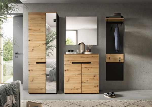 furnling Garderoben-Set Cano, (4-St, Garderobenpaneel, Garderobenschrank, Schuhkommode, Spiegel), Flurmöbel, Garderobenmöbel, Breite 220 cm, Basalt grau/Artisan