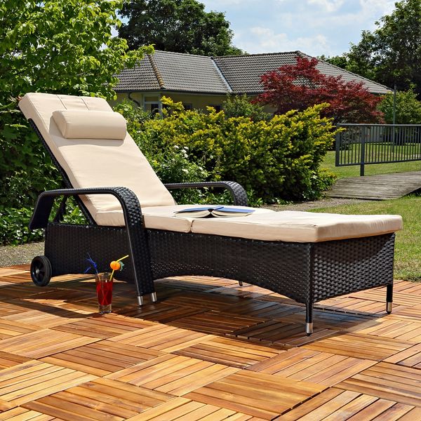 Sonnenliege schwarz Polyrattan Gartenlounge Liegestuhl Relax Terrasse Sitzgruppe