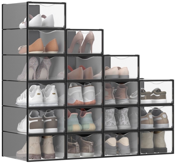 SONGMICS Schuhboxen, Schuh-Organizer aus Kunststoff, mit Tür, durchsichtig, 18er Set, stapelbar, einfache Montage, 33,2 x 23 x 14,5 cm, für Schuhe bis Größe 43, transparent-tintenschwarz