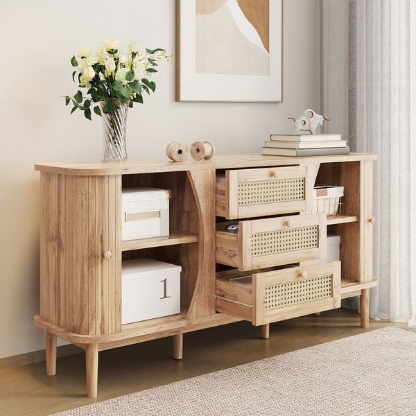 Odikalo Sideboard Anrichte Kommode Schließfach Rattan Schiebetüren Einlegeböden Natur