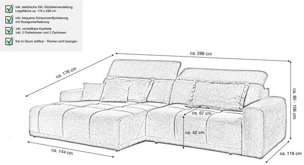 Massivart® Ecksofa Bouclé Bezug / 288 cm / elektrische Sitztiefenverstellung / BROOK, Kopfteilverstellung · Nosagunterfederung · frei im Raum stellbar