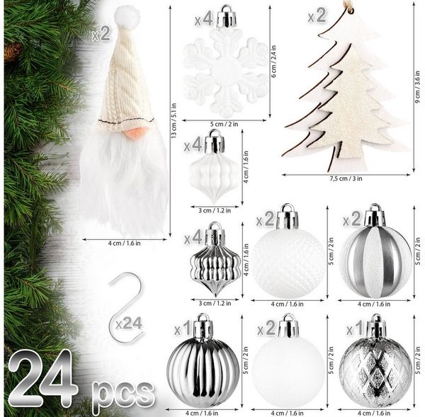 BRUBAKER Weihnachtsbaumkugel 24 Stück Christbaumschmuck Weiß und Silber - Weihnachtskugel Set (24 St), Baumschmuck Wichtel, Tannenbäumen, Schneeflocken und Glitzer Baumkugel