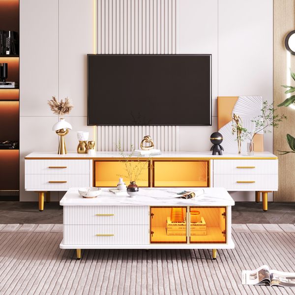 Couchtisch-Set mit TV-Lowboard, Spanplatte & Hartglas, LED-Lichtstreifen, 100x50x40/170x37x47,5 cm, Weiß