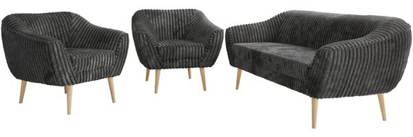 Wohnzimmerset PIRS 1-1-3, Skandinavisches 3-Sitzer Sofa mit Sesseln, Sofa mit Wellenfederung, Buche Füße, Skandinavisches Möbelset - Grau Cord Bild 7