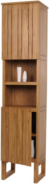 Teak-Hochschrank HWC-M72, Badschrank, 2 Türen 6 Fächer, hochwertiges B-Grade-Teak (Kernholz, 20-30 Jahre) 181x40x35cm