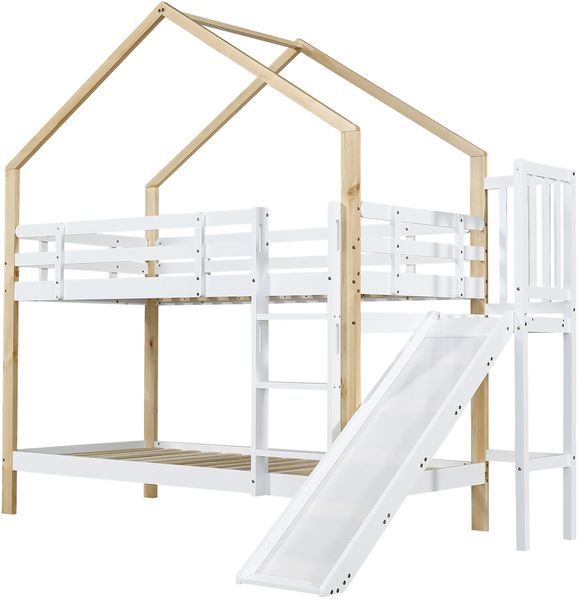 Haus-Etagenbett Kinder 90x200 Rutsche Leiter Kiefer Holz Spielbett,Weiß & Natur Bild 9
