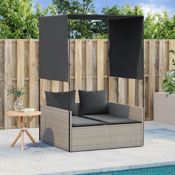 Doppel-Sonnenliege, Gartenliege mit Dach und Vorhängen Hellgrau Poly Rattan