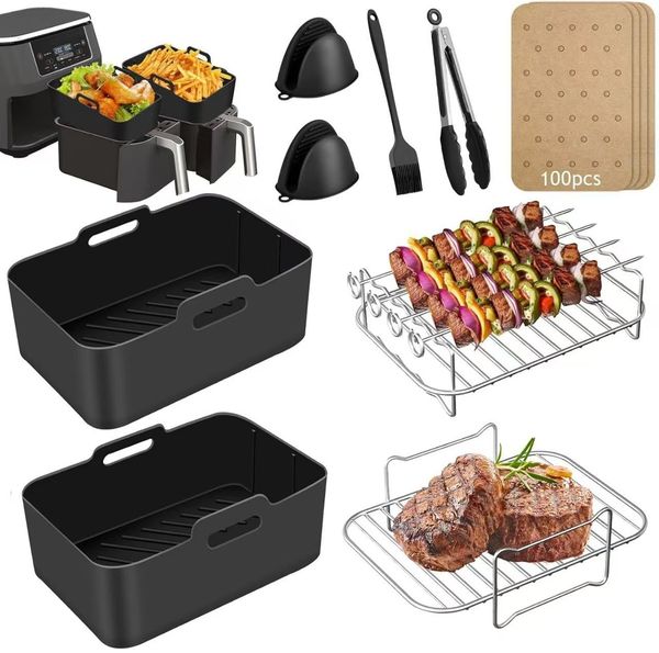 Refined Living Backform Airfryer Zubehör 9-tlg Set + 2er Öl-Sprüher Set, BPA-frei, (Heißluftfritteuse Zubehör Set,Silikonformen, Öl Sprühflasche,Ölpumpe,Essig Sprüher,Öl Flasche für Küche, 100 Blatt Fettfreies BackpapierEdelstahl Rack, Spieße, Fritteus...