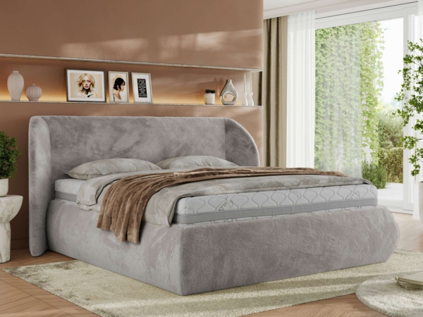 Polsterbett mit Lattenrost, Doppelbett Bettkasten, Bettgestell mit Gasdruckfeder Pocket Matratze - CAELA CLASSIC - 140 x 200 cm - Hellgrau Plüsch - VIRE LUX