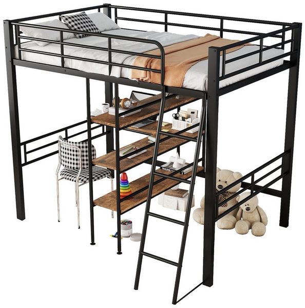 Merax Hochbett 90x200 cm mit Schreibtisch & Regalen (1-St) Etagenbett mit Leiter & Geländer, Metallbett Kinderbett