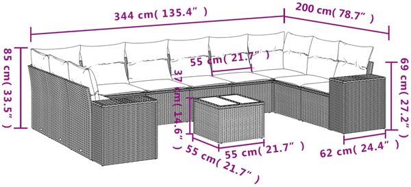 vidaXL 11-tlg. Garten-Sofagarnitur mit Kissen Hellgrau Poly Rattan 3223081 Bild 8
