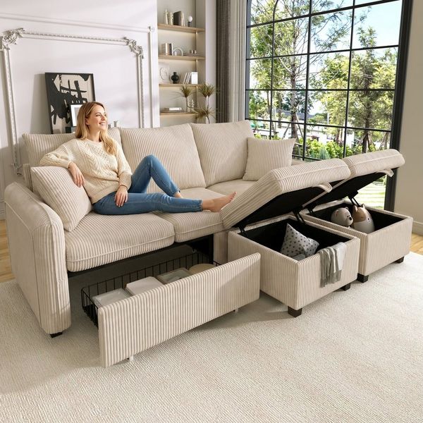 Merax Ecksofa U-förmiges Schlafsofa mit Staufunktion, Tagesbett Sofa Wohnzimmersofa aus Chenille-Bezug 1 Teile, 3-Sitzer-Ecksofa mit 2 Schubladen & 2 Hocker mit Stauraum, Polstersofa