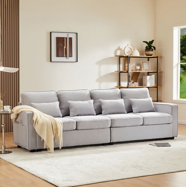4-Sitzer Sofa Grau aus Leinen, mit Armlehnentaschen und 4 Kissen, 264x83x87 cm