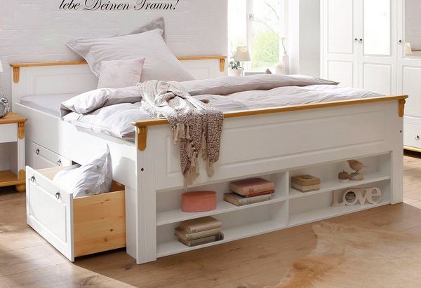 Home affaire Massivholzbett Tessin, Stauraumbett, Landhausstil, Schubladen optional, rustikal (Breite/Belastbarkeit 180cm/220 KG, 140cm/180 KG), zertifizierte Kiefer, Kassetten-Optik, stabile Qualität