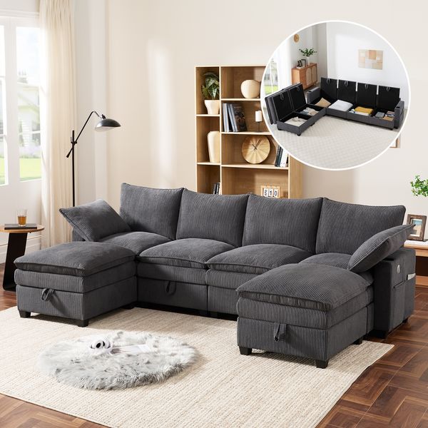 Modernes L-förmiges Sofa, abnehmbarer Fußhocker, USB-Anschlüsse, Staufächer und Getränkehalter, modulares Sofa für Wohnzimmer, Apartment und kleine Räume, Cordbezug, Gray