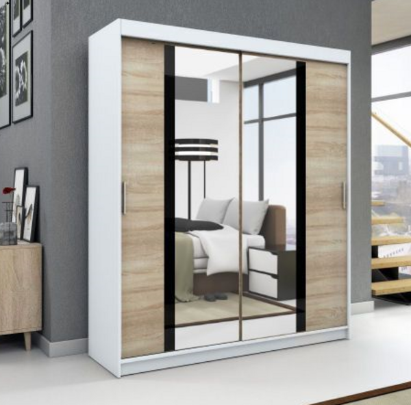 Schwebetürenschrank BRANI 2-türig Schrank 160 cm (mit Spiegel) Farbe: Weiß , sonoma