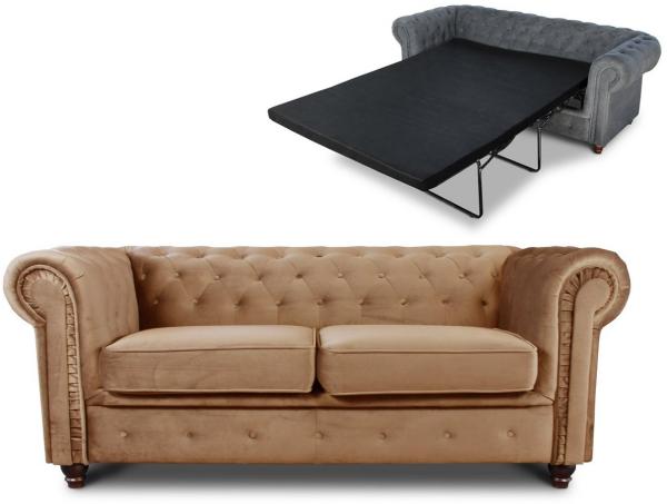 Schlafsofa Chesterfield Asti Bis 2-Sitzer, Sofa mit Schlaffunktion, Couch 2-er, Couchgarnitur, Sofagarnitur, Holzfüße - Glamour Design, Velours (Beige (Velvet 28))