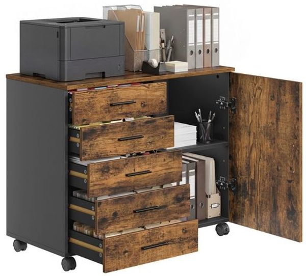 VASAGLE Rollcontainer, Aktenschrank, Schrank mit Tür, Druckerständer, 5 Schubladen, mit werkzeuglosen Gleitschienen, braun