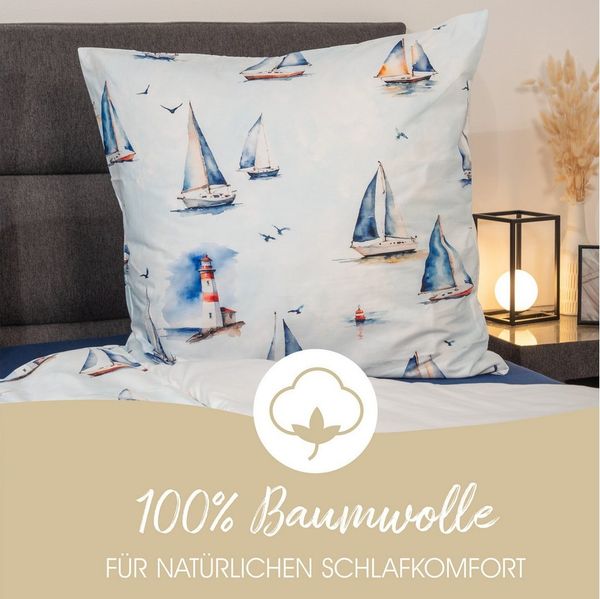 Janine Bettwäsche Mako-Baumwolle, Mako-Satin, 2 teilig, Segelboote, maritim, blau