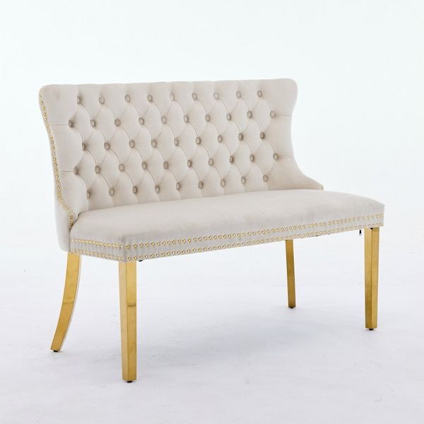 BBWL Polsterbank 2-Sitzer mit Handmade Knöpfen, Wing Back, Samtpolsterung, Velvet Double Dining Loveseat Bank für Küche & Esszimmer, Mid-Century Bild 4