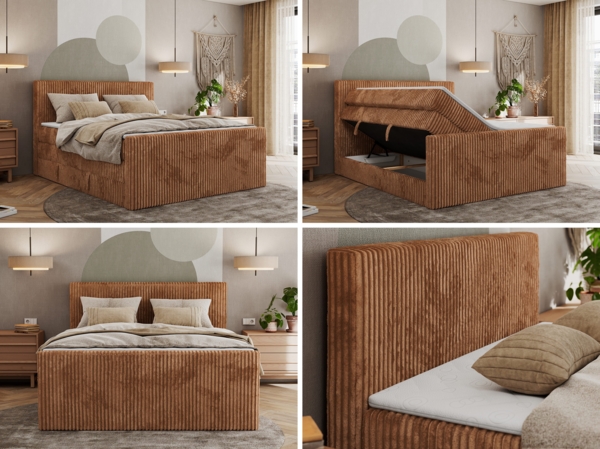 Boxspringbett mit zwei Multipocket-Matratzen und Topper, Doppelbett aus Cordstoff, zwei Bettkästen - TILIANO KING DUO - 200 x 200 cm - Orange Cord - H4 Bild 2