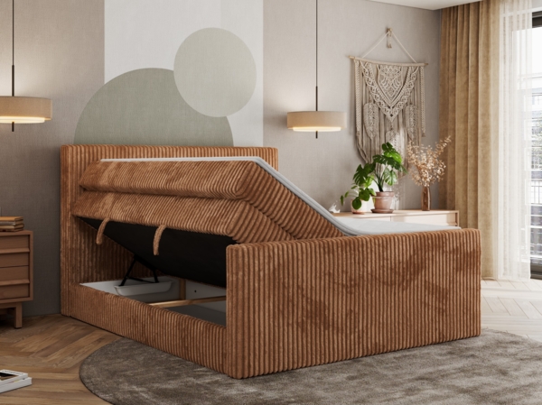 Boxspringbett mit zwei Multipocket-Matratzen und Topper, Doppelbett aus Cordstoff, zwei Bettkästen - TILIANO KING DUO - 200 x 200 cm - Orange Cord - H4 Bild 3