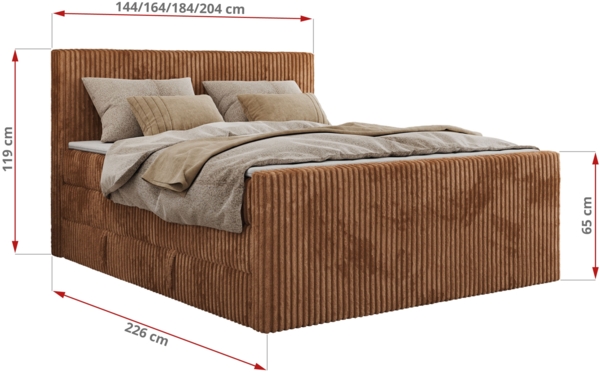 Boxspringbett mit zwei Multipocket-Matratzen und Topper, Doppelbett aus Cordstoff, zwei Bettkästen - TILIANO KING DUO - 200 x 200 cm - Orange Cord - H4 Bild 6