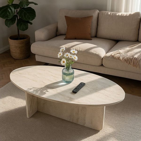moebel17 Couchtisch moebel17 Couchtisch oval 120x60 cm Wohnzimmertisch Travertin (Einzeltisch, 1-St, Einzelner Couchtisch), Mit Granitoptik