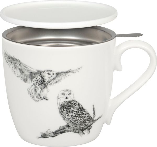 KÖNITZ 115S572986 Becher AMAZING ANIMALS Schneeeule 425 ml mit Sieb und Deckel, Bone China Porzellan / Design Vanessa Kahl