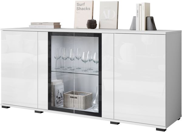 Kommode Clarkoy SB 154 4D (Farbe: Weiß / Weiß Hochglanz, mit weißer LED Beleuchtung)