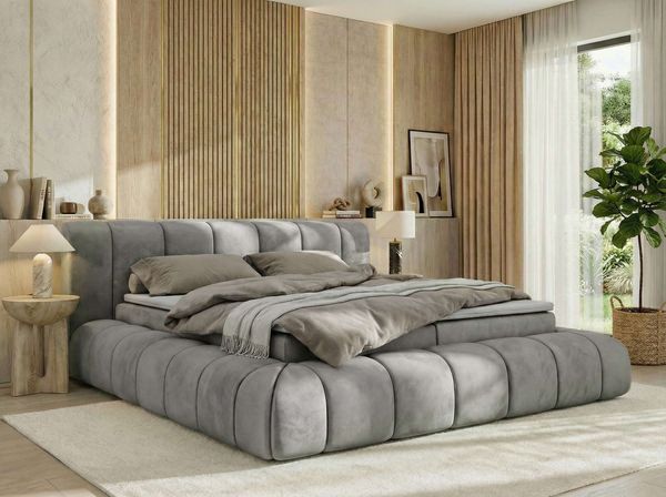 Boxspringbett NUBEA mit 2x Bettkasten & Multipocket-Kern, inkl. Topper T25, Doppelbett mit Stauraum, 140 x 200 cm, massives Ehebett - H4 - Hellgrau Velvet