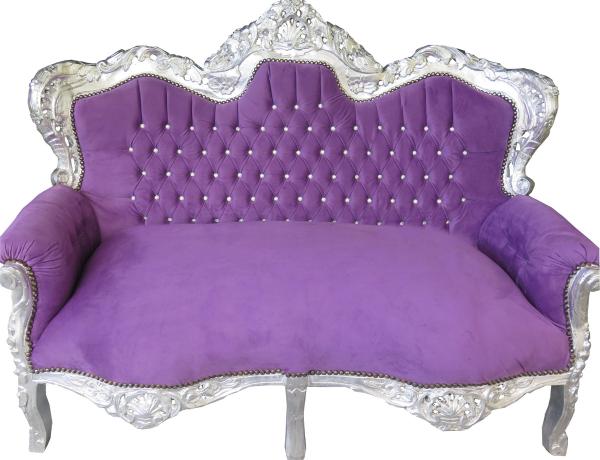 Casa Padrino Barock 2-er Sofa King Lila / Silber mit Bling Bling Glitzersteinen