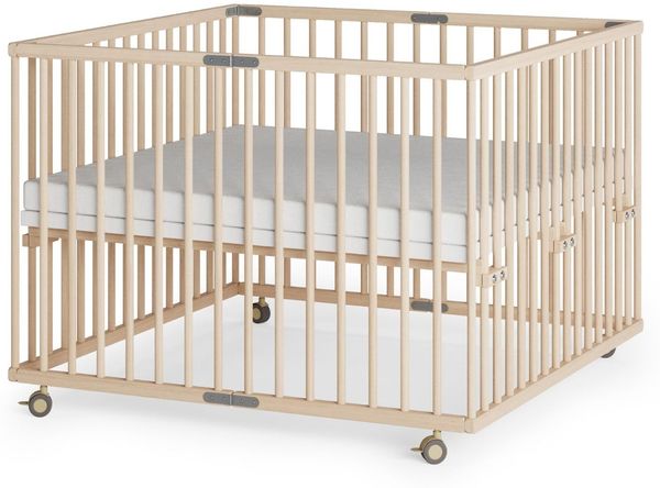 Sämann Laufstall faltbar Baby 100x100 cm mit Cloud Air Matratze | stufenlos höhenverstellbar | Laufgitter Premium | Babybett aus Holz | Krabbelgitter natur