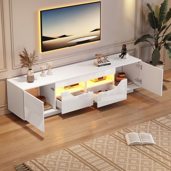 TV-Schrank B 180 x T 40 x H 45 cm, Hochglanz-Front in Weiß mit 2 Schubladen, 2 Türen und LED-Beleuchtung