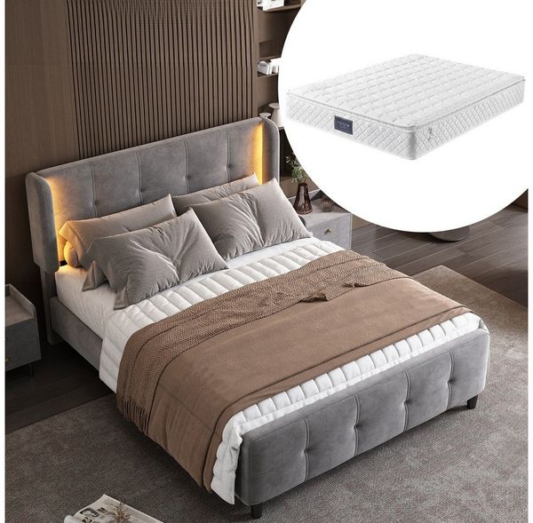 HAUSS SPOLE Polsterbett 140x200 cm mit LED-Leisten, höhenverstellbares Kopfteil, Samt, Grau, modernes Design