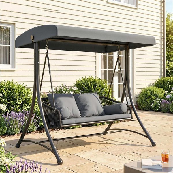 Outsunny Hollywoodschaukel mit Verstellbarem Sonnendach weichem Kissen A-Rahmen, 2-Sitzer, verstellbares Sonnendach, 2-Sitzer Gartenschaukel, 6 tlg, Schaukelbank, für Garten Terrasse 178 x 120 x 172 cm Dunkelgrau