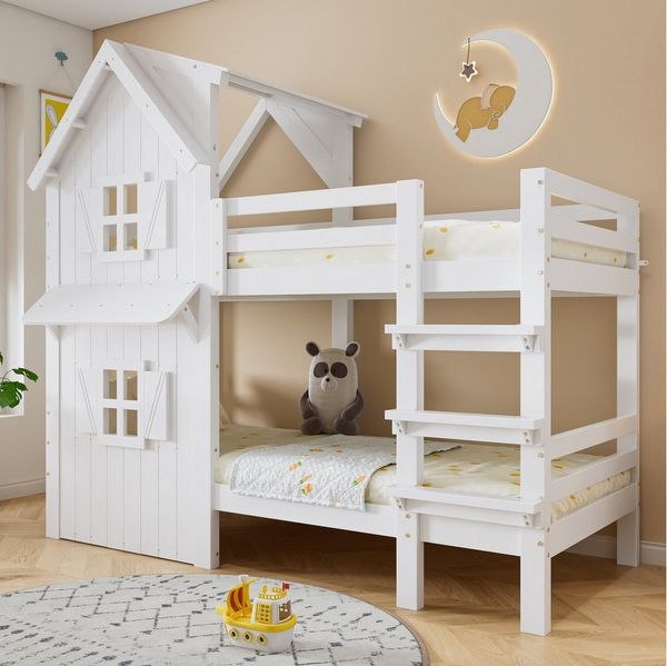 Merax Etagenbett mit Dach & Fenstern (1-St, Jugendbett Stockbett Doppelbett Hausbett), Kiefer Kinderbett 90x200cm mit seitlichen Sicherheitsgeländern, Leiter