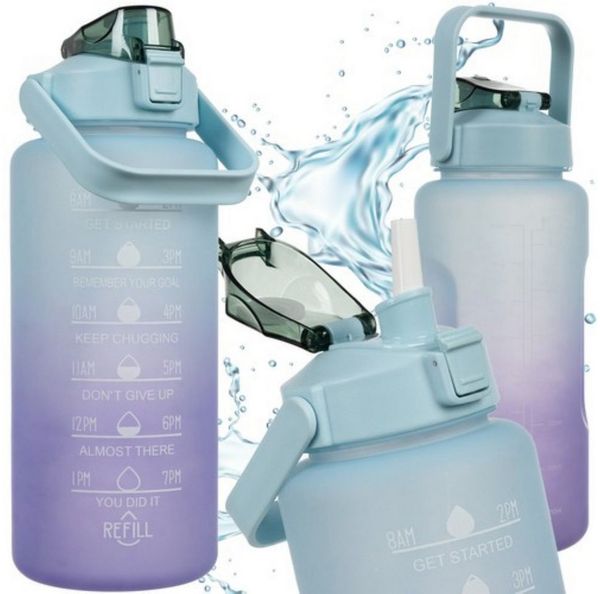 Trizand Trinkflasche Motivationswasserflasche 2L lila-blau BPA-frei mit Tragegriff, 2L Motivationsflasche, auslaufsicher, mit Zeit- & Mengenmarkierung