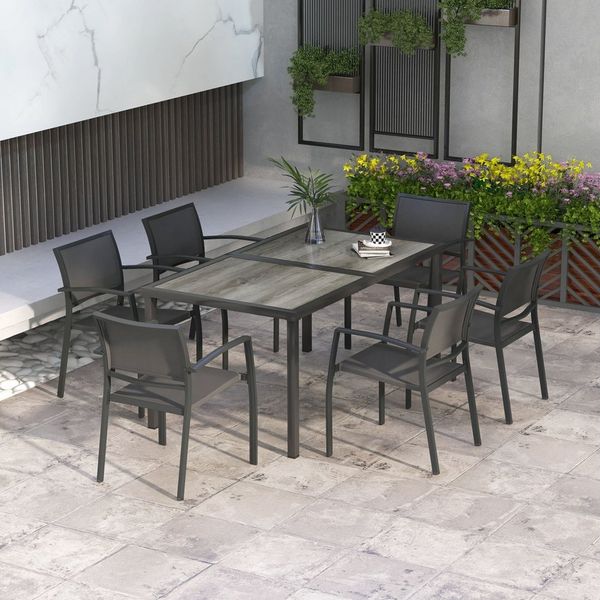 Outsunny Garten-Essgruppe mit 1 Esstisch, 6 stapelbaren Stühlen, (Gartengarnitur, 7-tlg, Gartenmöbel-Set), für Terrasse, Mesh, Dunkelgrau
