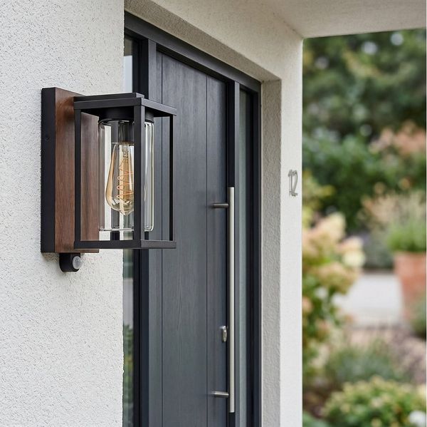 hofstein Außen-Wandleuchte Außenleuchte mit Bewegungsmelder aus Metall/Glas in Schwarz-Braun/Klar, ohne Leuchtmittel, Wandlampe für Terrasse/Hof, 1 x E27, ohne Leuchtmittel, IP44