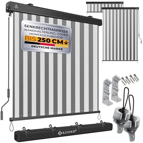 KESSER® Senkrechtmarkise Außenrollo Handkurbelmechanismus Balkonrollo Sonnen & Sichtschutz Beschattung Sonnenschutz Außen Rollo mit Kurbel Markisenkasten Balkon & Terrasse Inkl. Montageset & Abdeckung Grau / Weiß, 180 x 250cm