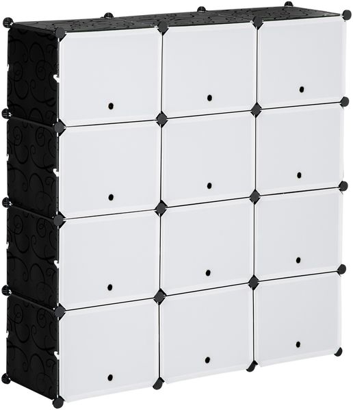 Schuhschrank Aufbewahrungsbox mit 12 Würfeln DIY Steckregal mit Türen Kunststoff Stahl Schwarz+Weiß 125 x 32 x 125 cm
