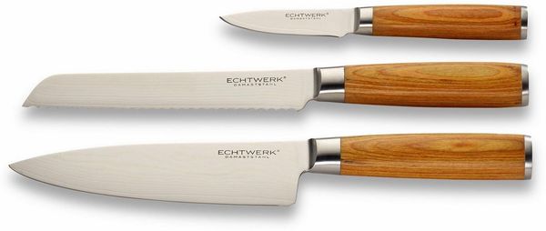 ECHTWERK Messer-Set Damaszener (Set, 3-tlg), Küchenmesser-Set mit Holzgriffen in natürlicher Optik